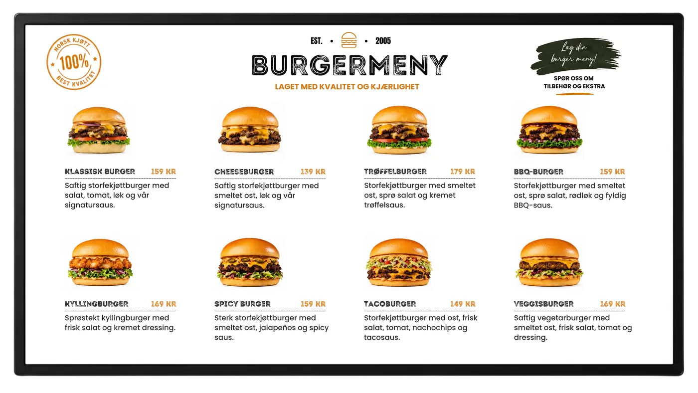Menyboard på skjerm: burgermeny med priser, direkte fra AGI