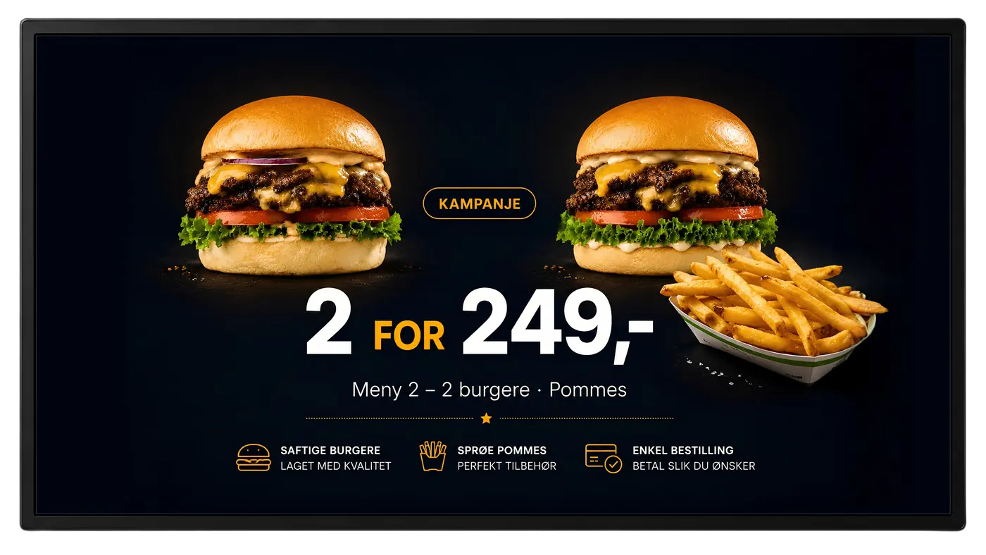 Kampanjeflate på skjerm: 2 for 249,- med meny 2