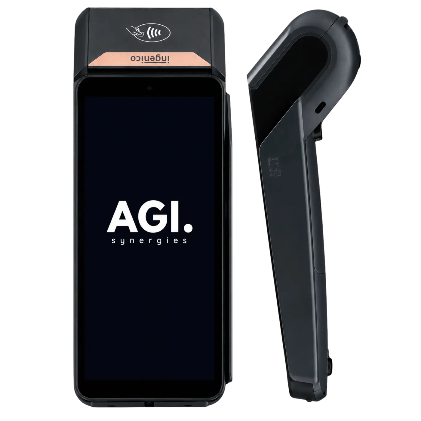 Ingenico DX8000 betalingsterminal sett forfra, med stor skjerm uten tastatur, kontaktløs-symbol og AGI Synergies på skjermen
