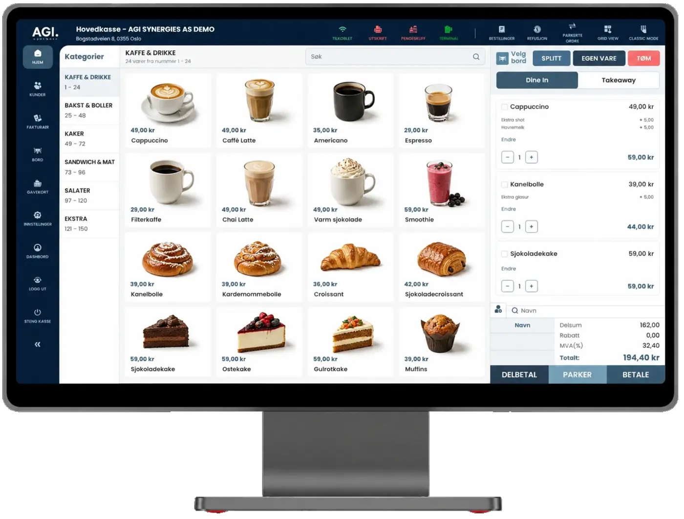 AGI POS kassesystem for kafé med kaffe, bakst og kaker i menyen, delbetaling og parkerte ordrer