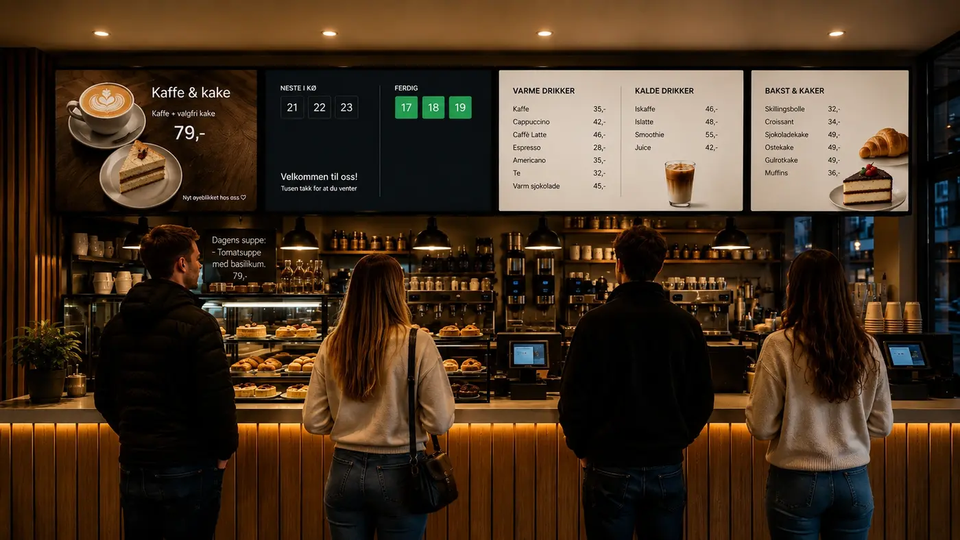 Kafé med gjester i kø ved disken og meny, kønummer og kampanje på skjermer over kassen