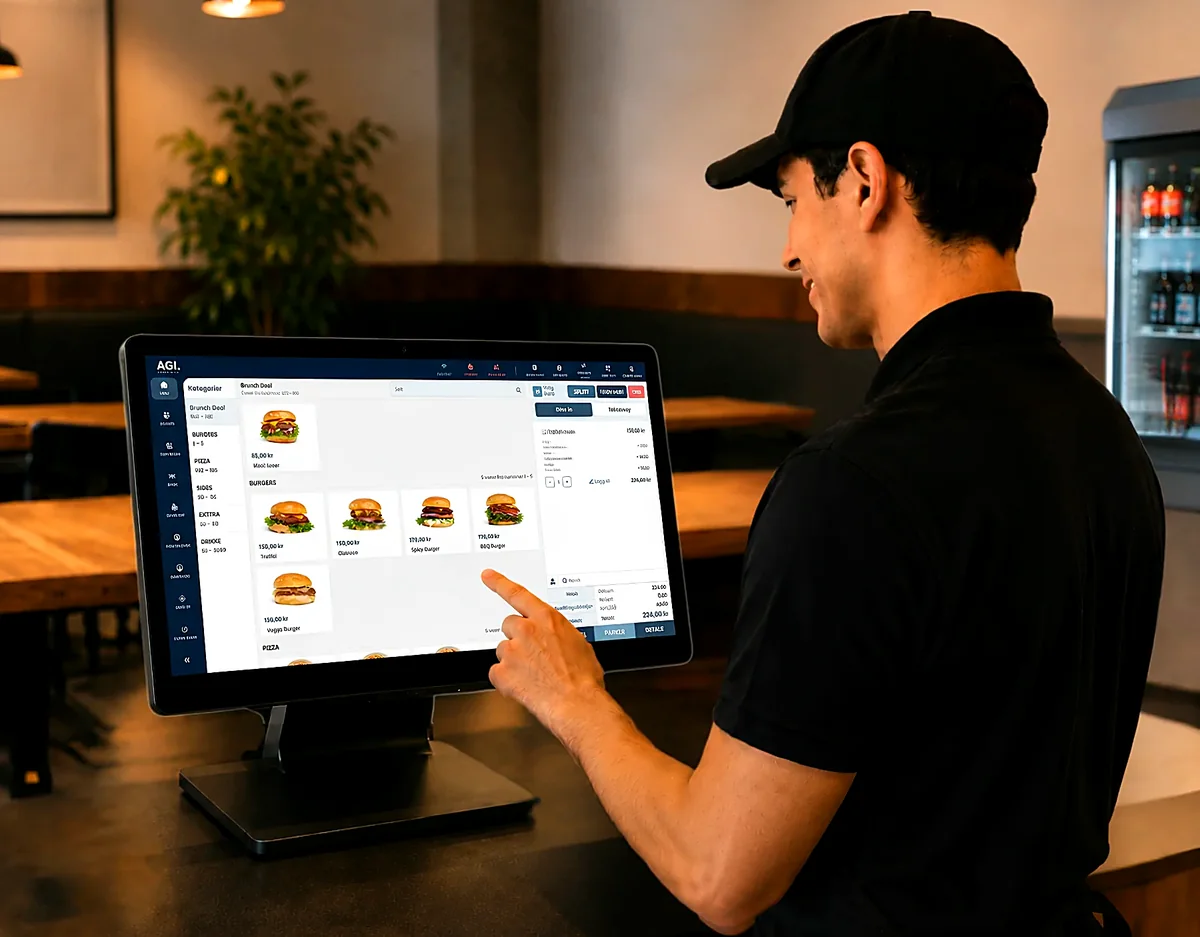 Ansatt tar imot bestilling på AGI POS touch-kasse