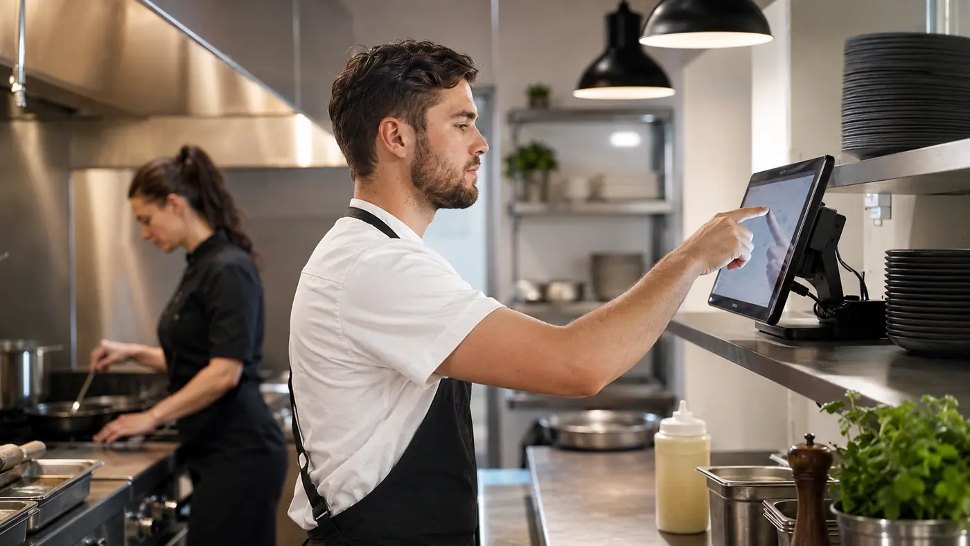 Kokk bruker AGI kjøkkenskjerm (KDS) på et restaurantkjøkken